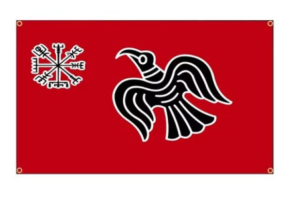 Fahne - Rabenbanner - rot - mit Wikingerkompass (316) Fahne - Rabenbanner - rot - mit Wikingerkompass (316)