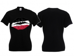 Frauen T-Shirt - Knutschmund - schwarz-weiß-rot - schwarz